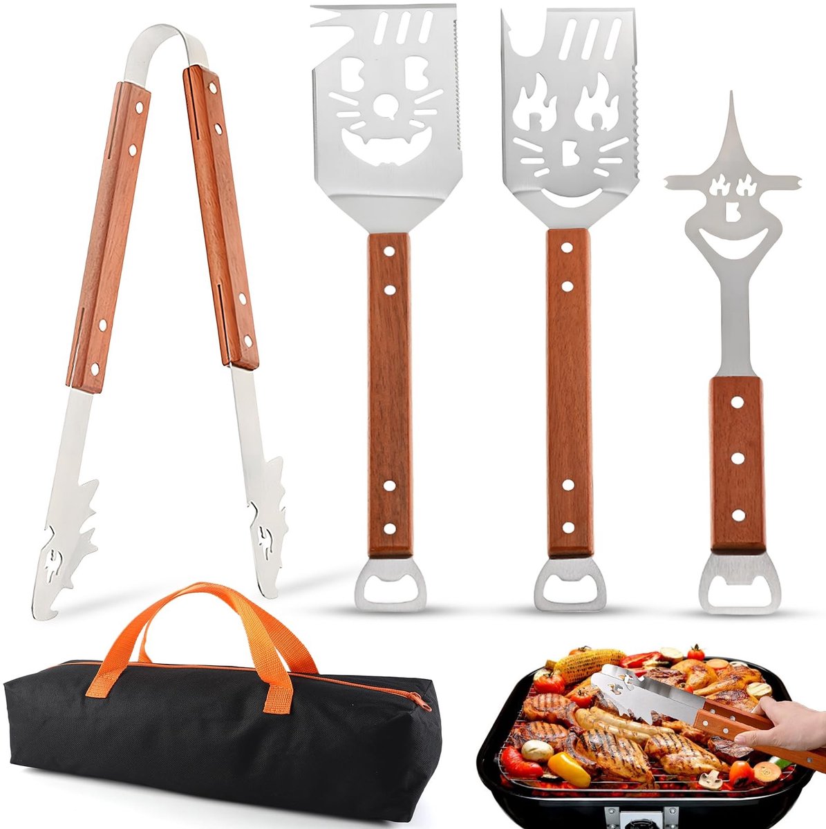 Omgoods - Multifunctionele Grillset met Houten Handvat - 4-delig Accessoire voor Vaderdag