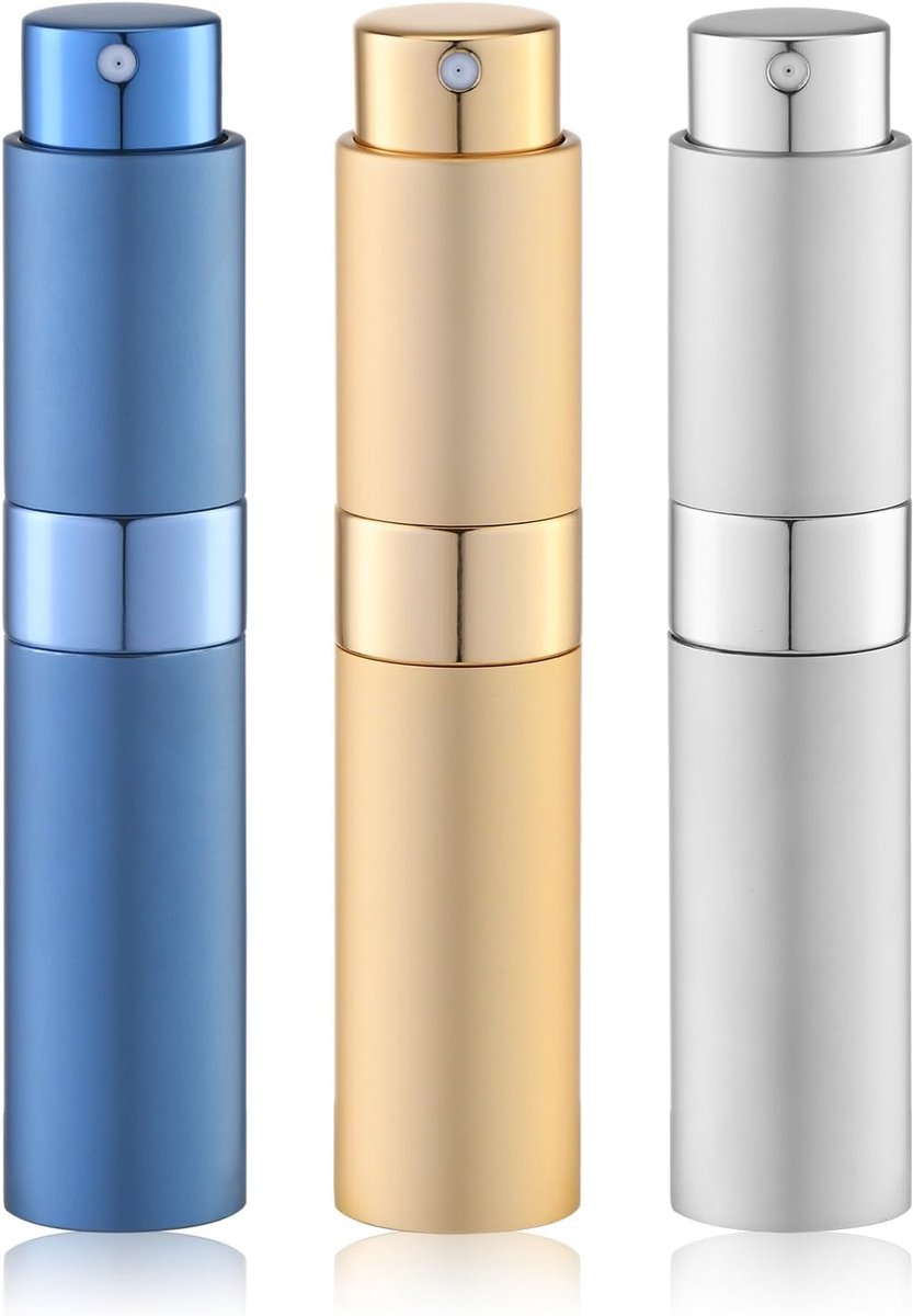 10ml parfumverstuiver, Cologne water reisspuitfles, navulbare draagbare verstuiver (3 stuks, goud, zilver, blauw)
