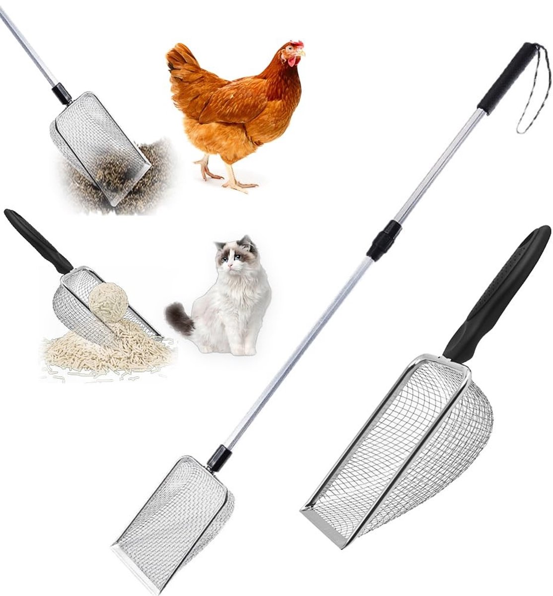 Omgoods- Kipstrooiselschep 3-in-1 - Roestvrijstalen Zeefscheppen - Verstelbare Greeplengte 56-106 cm - Duurzaam Metaal - Geschikt voor Kippenhok en Kattenbak - Poepschep