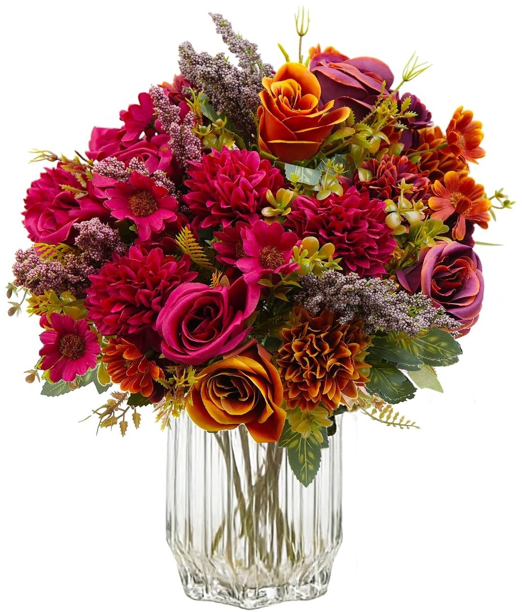 Omgoods - 4 Bunches Kunstbloemen - Rode en Bruine Rozen Boeket voor Decoratie