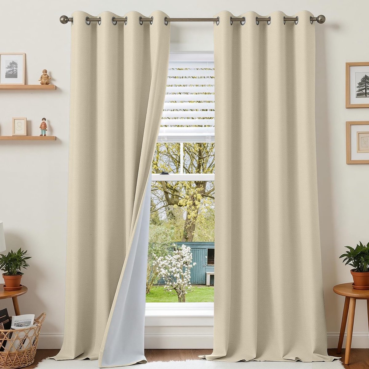Omgoods - 100% Verduisteringsgordijn - Linnen Look, Thermo-isolerend, 2 Stuks 140x245 cm, Grijs/Wit