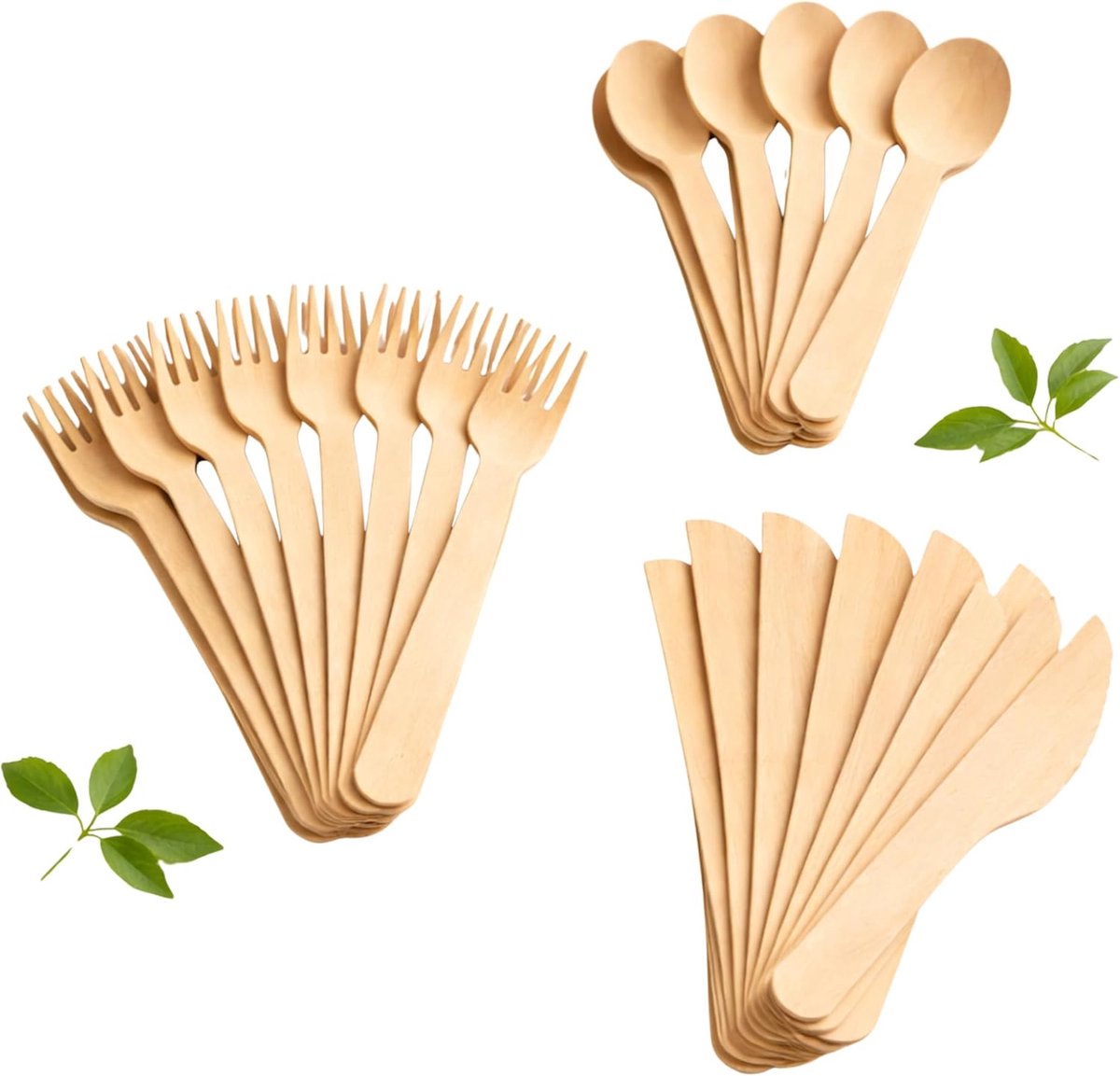 bestekset, 150 stuks, wegwerpbestek van hout (50 x vork, 50 x lepel, 50 x messen), biologisch afbreekbaar, duurzaam bestek voor barbecue, picknick, feest, catering en evenementen