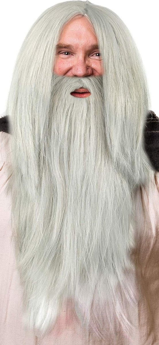 Pruik in Grijs in Set met Grijze Baard voor Mannen & Vrouwen Tovenaar Tovenaar Gandalf Merlijn Carnaval