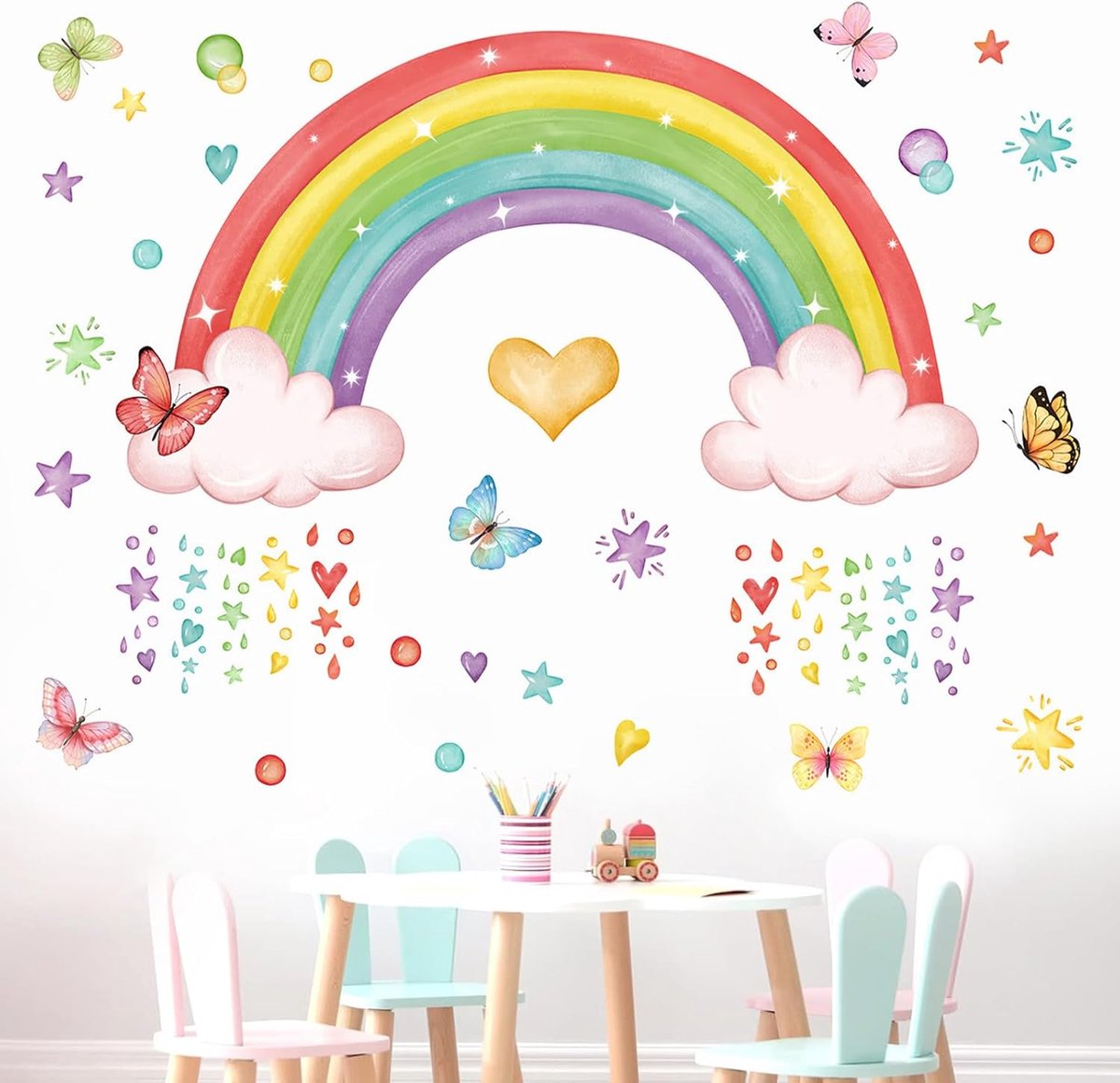 Muursticker regenboog, 30 x 90 cm, sticker, regenboog, muursticker, kleurrijke vlinders, wolken, vlinders, meisjes, muursticker, wanddecoratie voor meisjeskamer, kinderkamer, babykamer
