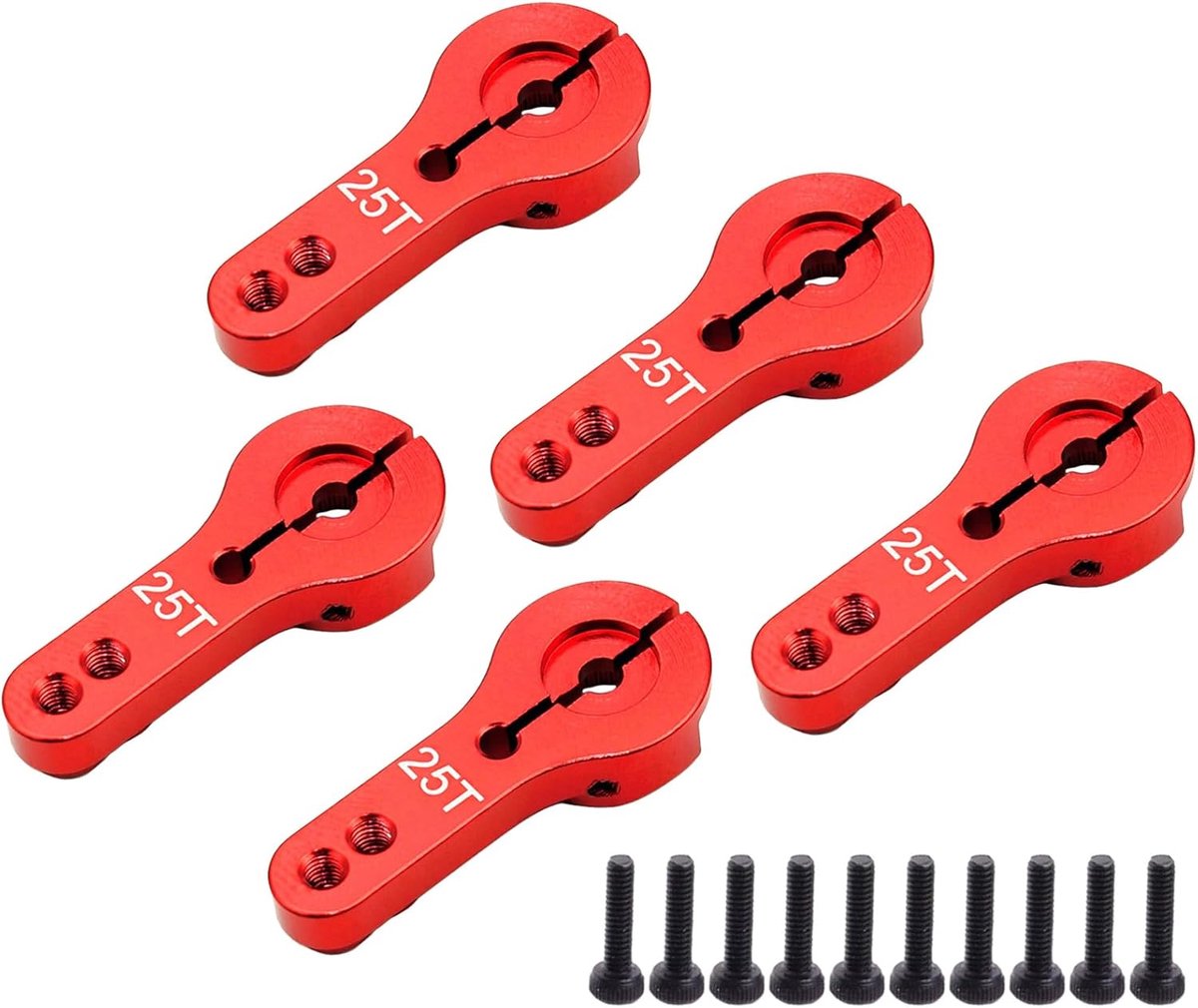 5-delige 25T Aluminium Servo Hoorn M3 Draad Metalen Stuurarm voor RC Auto Vrachtwagen Buggy Vliegtuig (Rood)