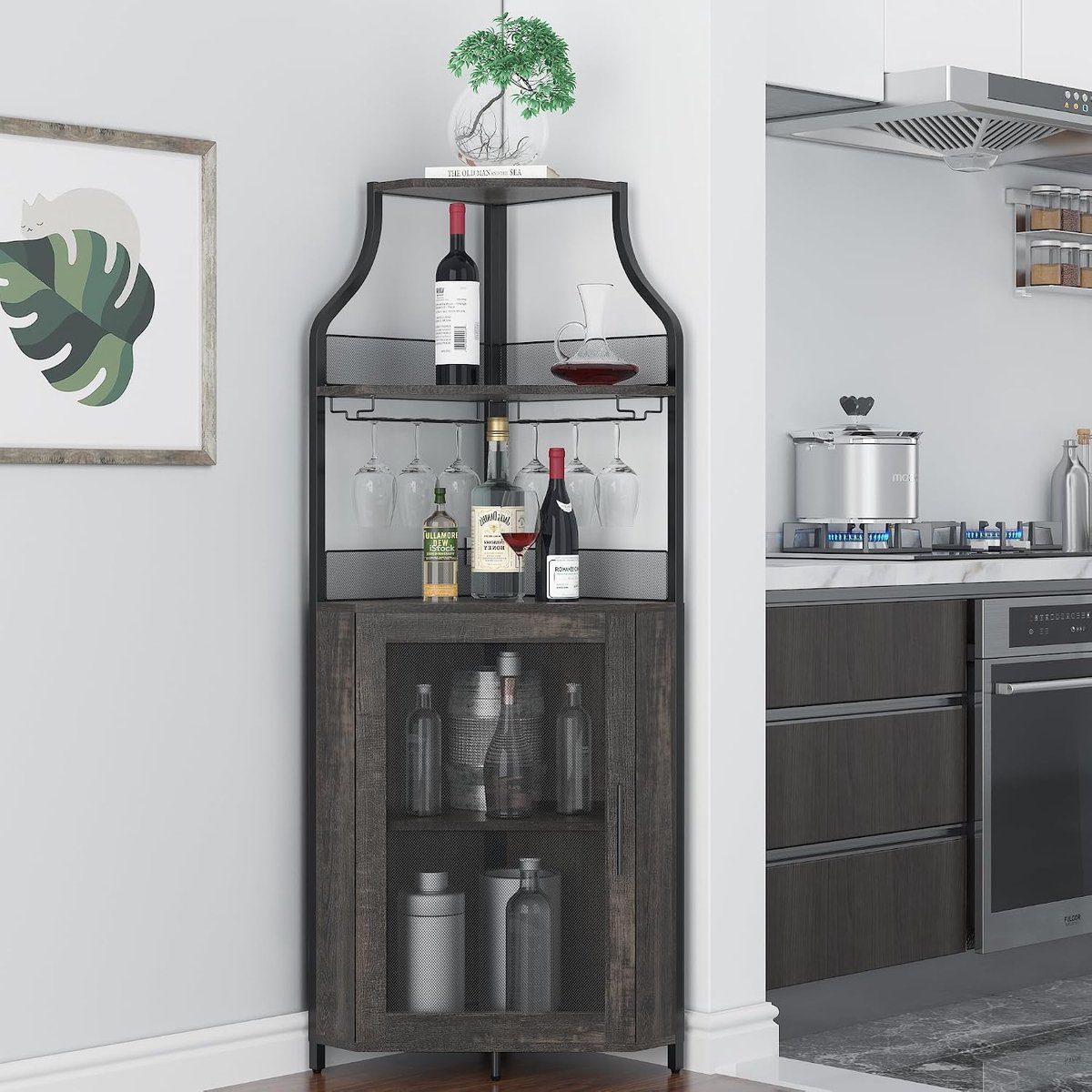 Hoekbar Wijnkast Industrieel - 5 Niveaus Drankenkast met Glashouder & Gaasdeur - Compacte Barkast voor Kleine Ruimtes - 154 cm Hoog - eikenhout