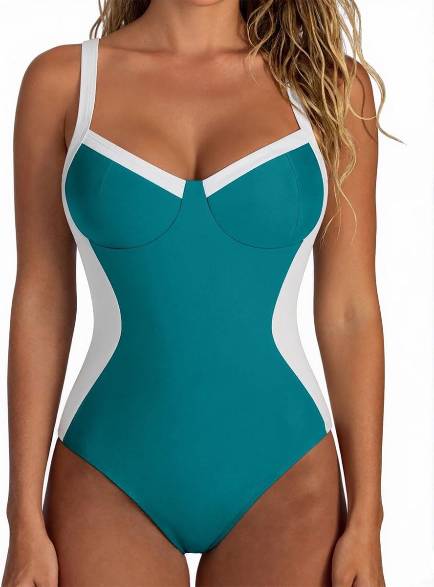 Eendelig badpak voor dames, sexy badpakken met push-up, gevoerd, verstelbare bandjes, buikcontrole, slim fit, badpak in contrasterende kleur, strappy kruis achter schouderriem, beachwear