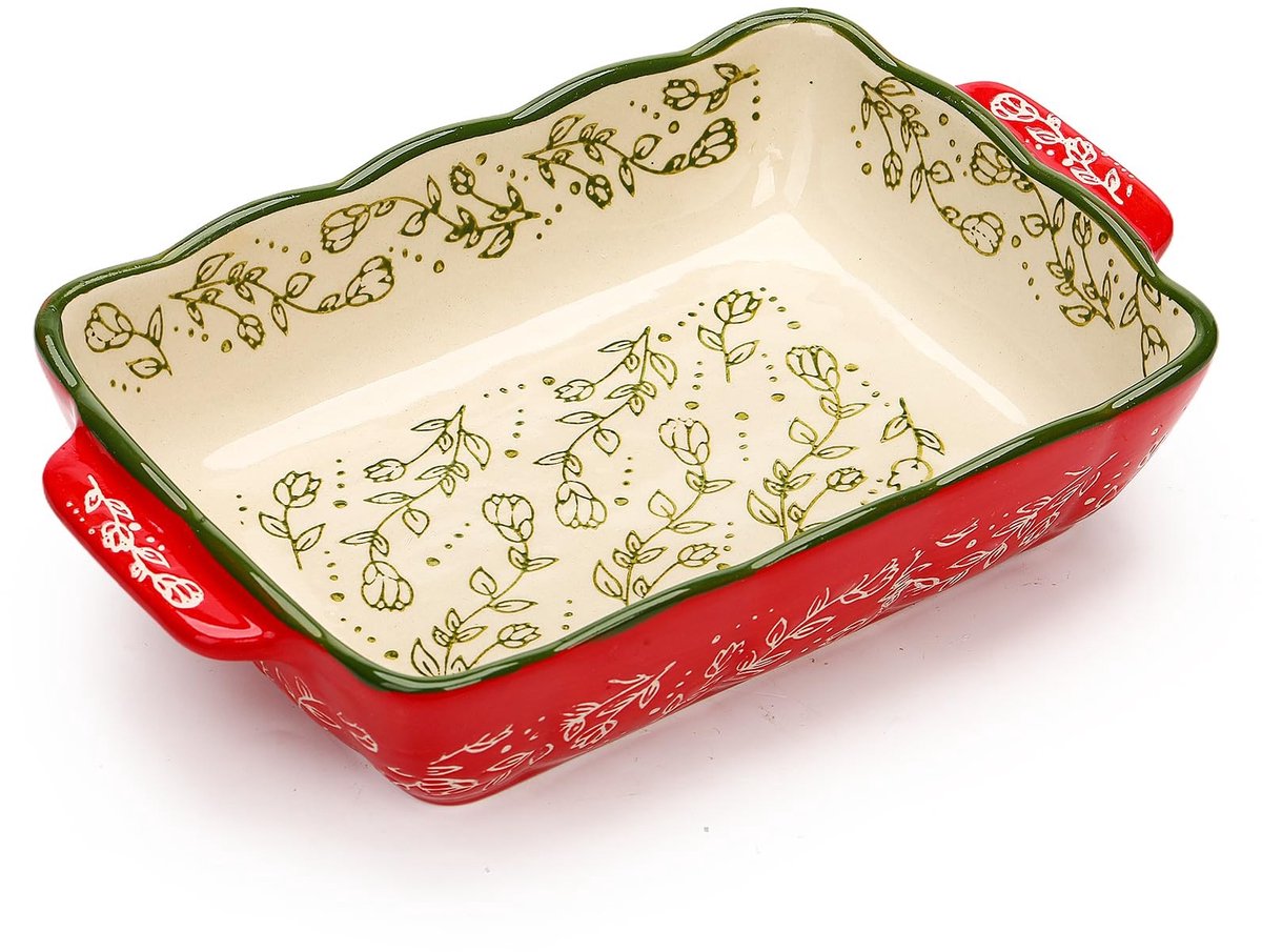 Omgoods - Kleine Keramische Bakvorm in Rood met Bloemenpatroon - Voor Lasagne en Tiramisu