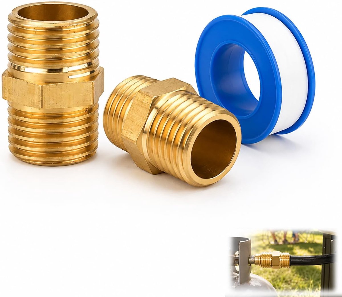 2 stuks gasslangverbindingen dubbele nippel, gasadapter G1/4 G3/8 van messing met teflonband, buitendraad links AG, waterdichte snelconnector voor vloeibare slangen, werkplaats
