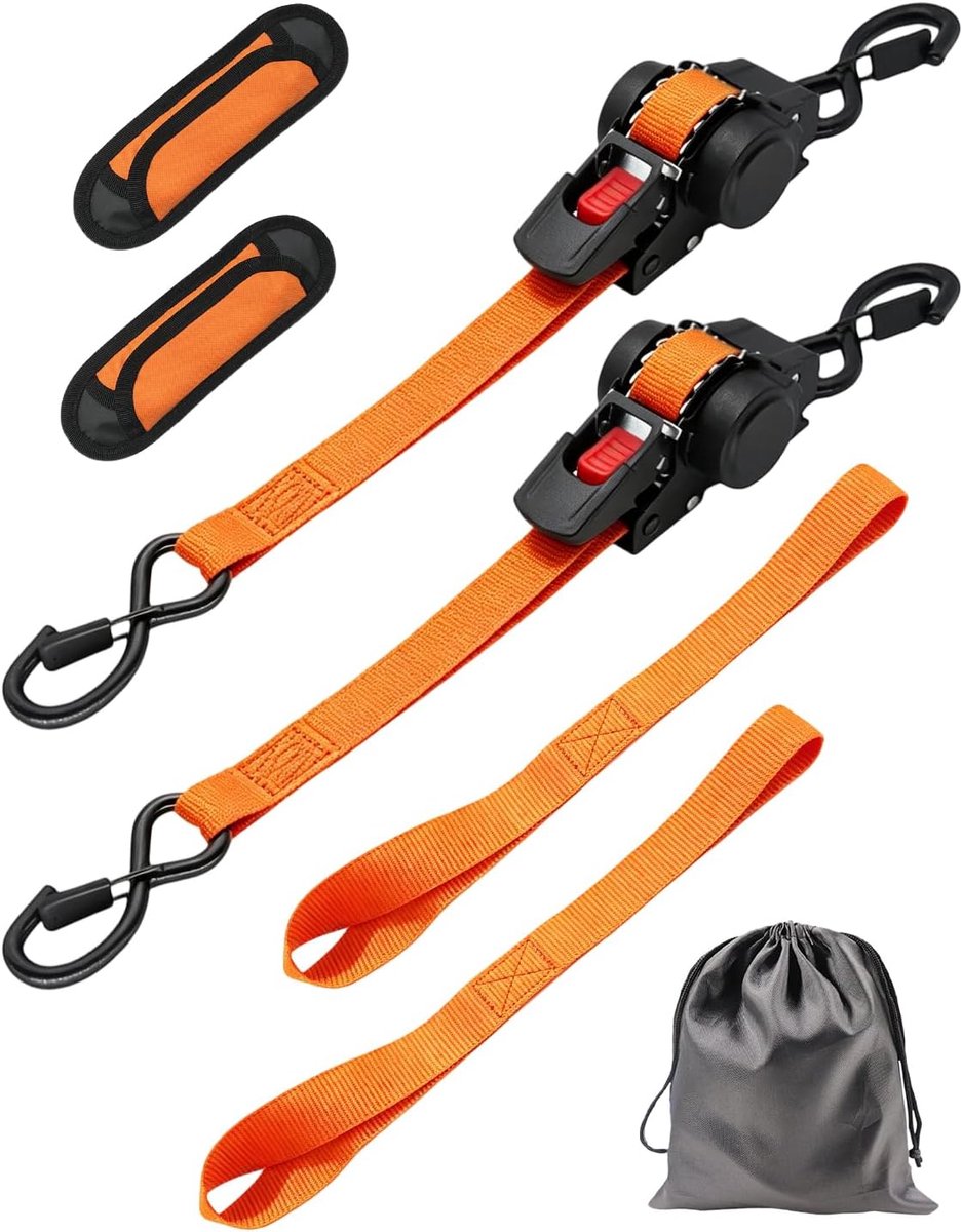 Spanbanden automatisch, voor kofferbak en aanhangers en auto en transport, set van 4, 150 kg spankracht, 19 mm, zelfoprolend, S-haak met zekering