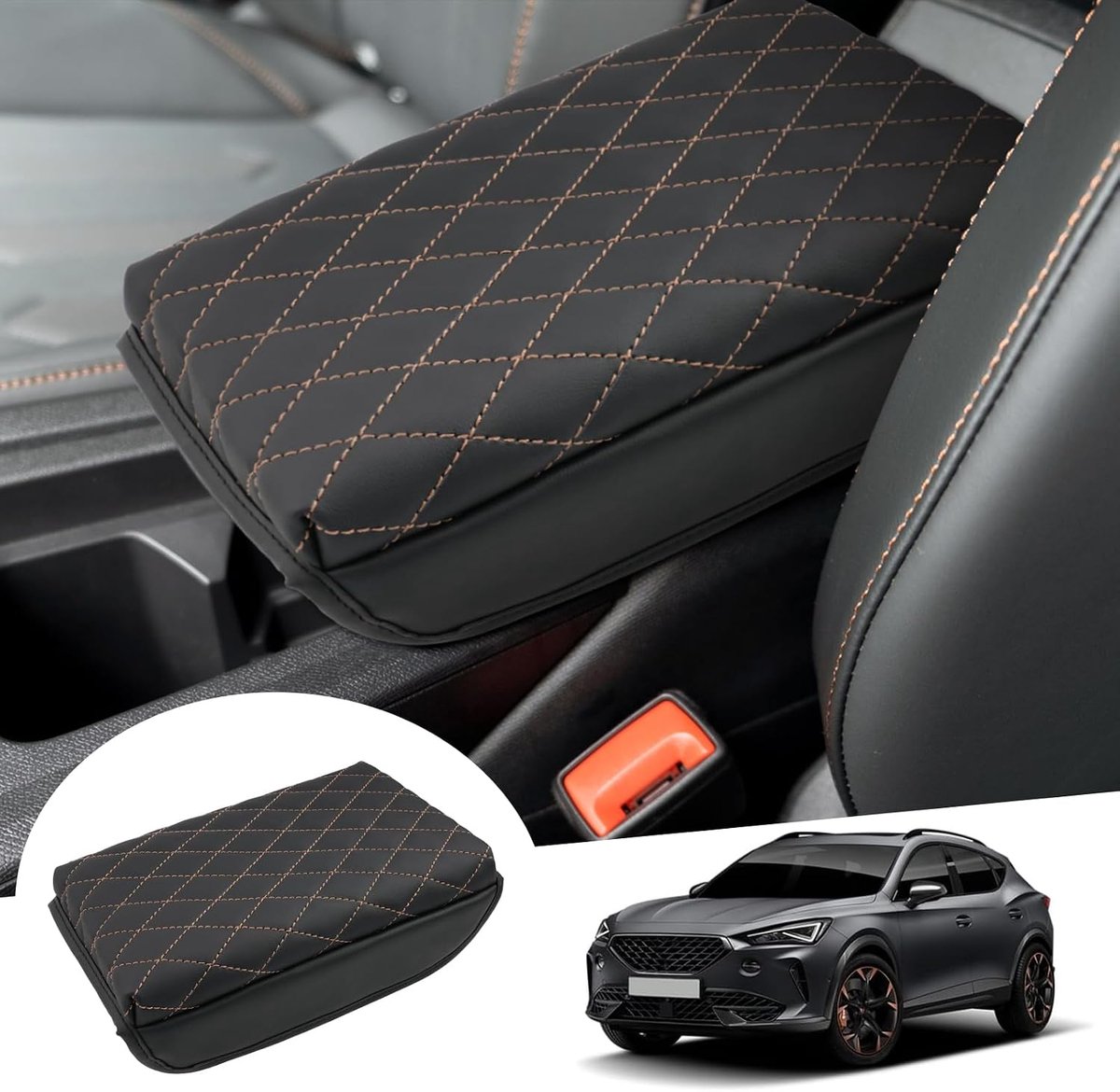 Compatibel met Cupra Formentor/Seat Leon MK4 2020-2024 2025 Middenconsole Armleuning, Bescherming, PU Microvezel, Lederen kussen, 3 CM verhoogd verdikt, Formentor Accessoires (Messing 1)