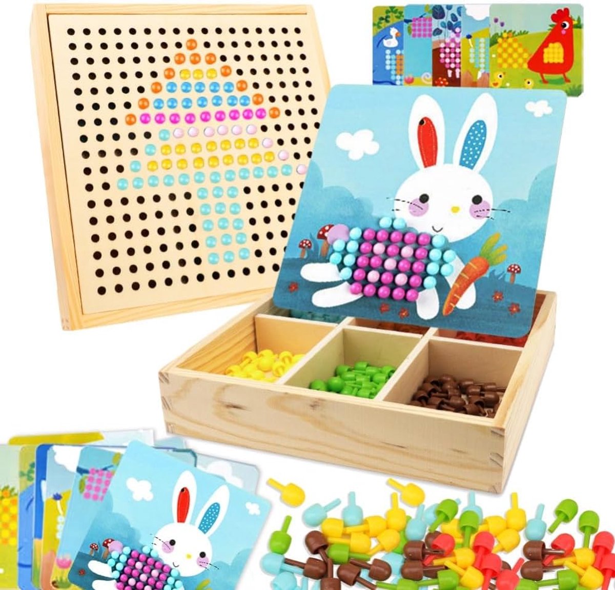 Mozaïek steekspel voor kinderen, speelgoed vanaf 2, 3, 4, 5 jaar, houten mozaïek, knutselset voor kinderen, pegboard vorken met steekkralen, 3D-cadeaus voor jongens en meisjes, Kerstmis