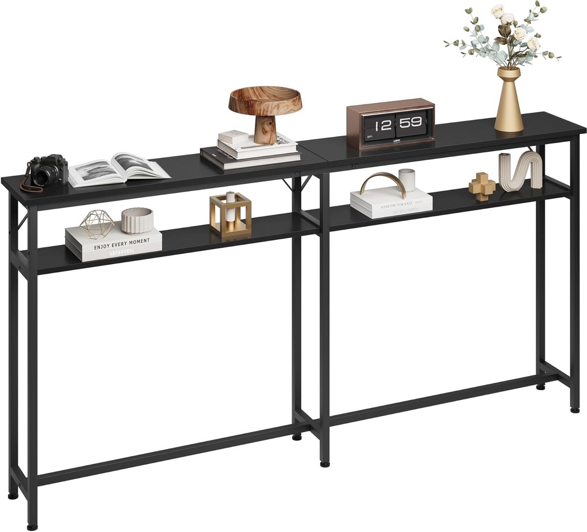 Extra Lange Sidetable - 180 cm - Smalle Consoletafel voor Achter de Bank - Wandtafel met 2 Niveaus - Industrieel Design - Voor Woonkamer of Hal - Zwart