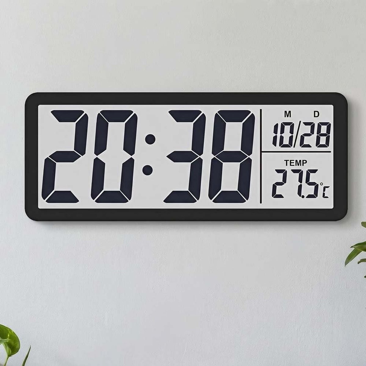 Omgoods - Digitale Wandklok met Grote Cijfers en Temperatuurweergave - Zwart 20,3 cm