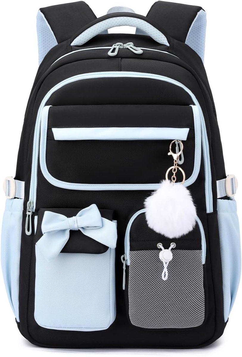Schoolrugzak voor meisjes, waterafstotende rugzak van Oxford-stof, zwart blauw, 32 cm x 19 cm x 46 cm, Casual | Comfortabele schooltassen voor meisjes met trolleylus voor basisschool en middelbare school