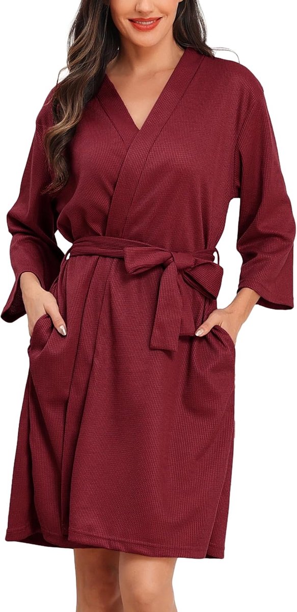 Korte kimono voor dames, met wafelpatroon, badjassen en ochtendjassen, zacht en licht, knielang, badjas met V-hals en riem