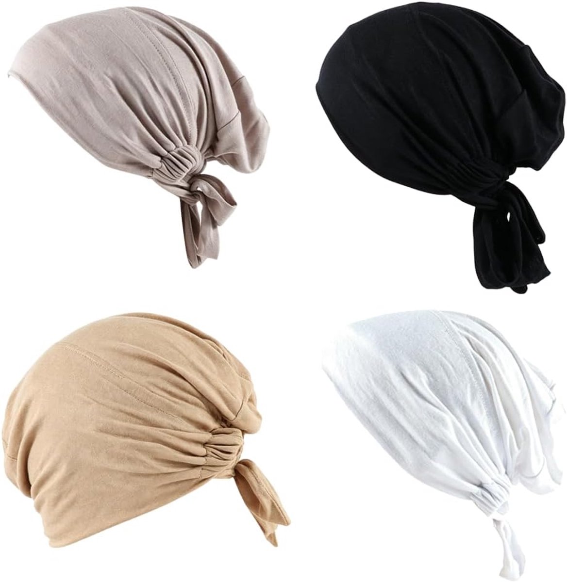 Set van 4 hijab-onderkapjes voor dames, ademende muts van modal, verstelbare hijab-onderkap met strikjes, effen tulband-hoofdbedekking voor moslimvrouwen