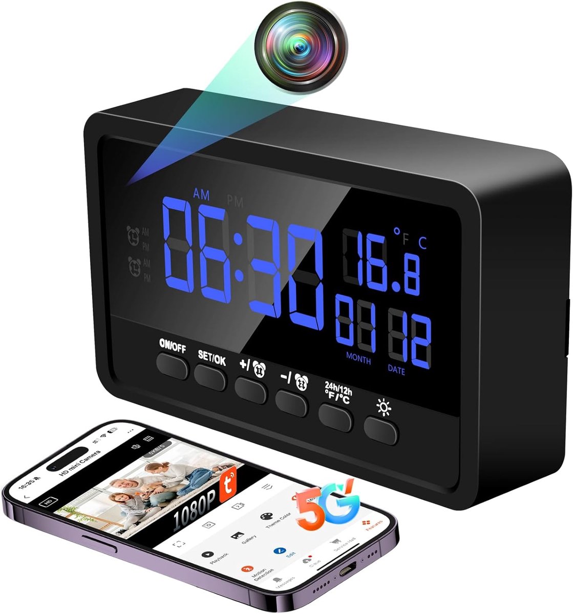 5G WiFi Spion Camera, Draadloze HD 1080P Mini Verborgen Wekker Camera, 120° Mciro Discrete Camera met Nachtzicht Bewegingsdetectie Tuya APP