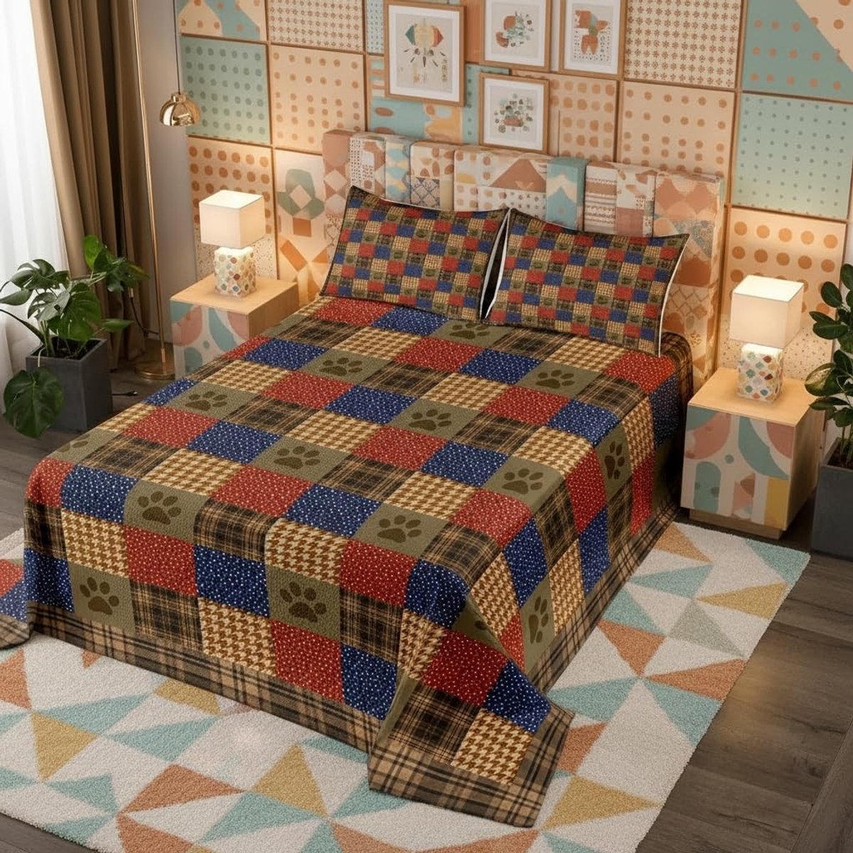 Omgoods - Hond Paw Print Dekbed L Maat Rooster Plaid Beddengoed Set