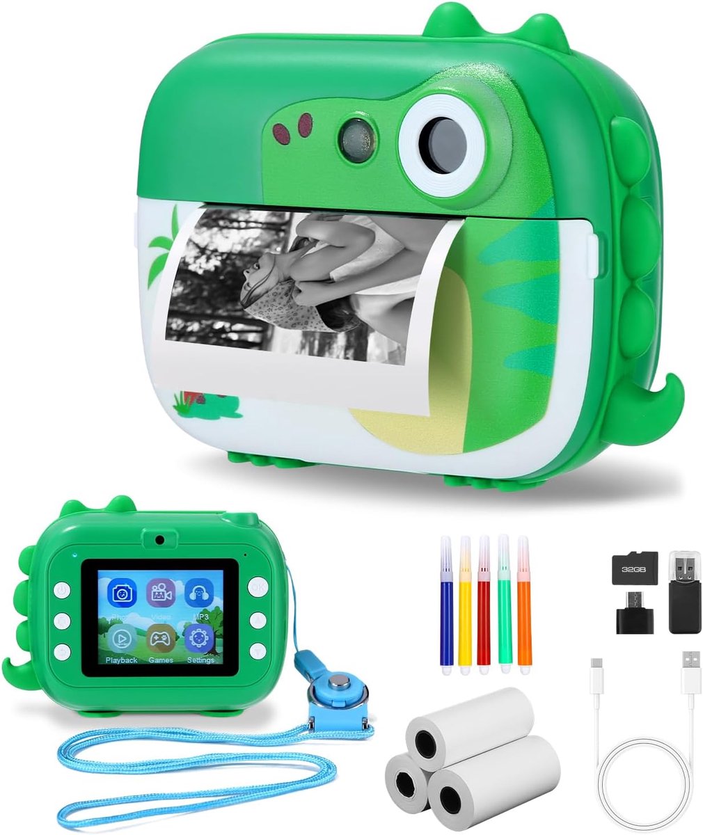 kindercamera, dinosaurus, kindercamera, speelgoed met 1080p HD-video, 2,4 inch digitale camera voor kinderen, digitale camera voor kinderen met printpapier, 32G TF-kaart voor meisjes en