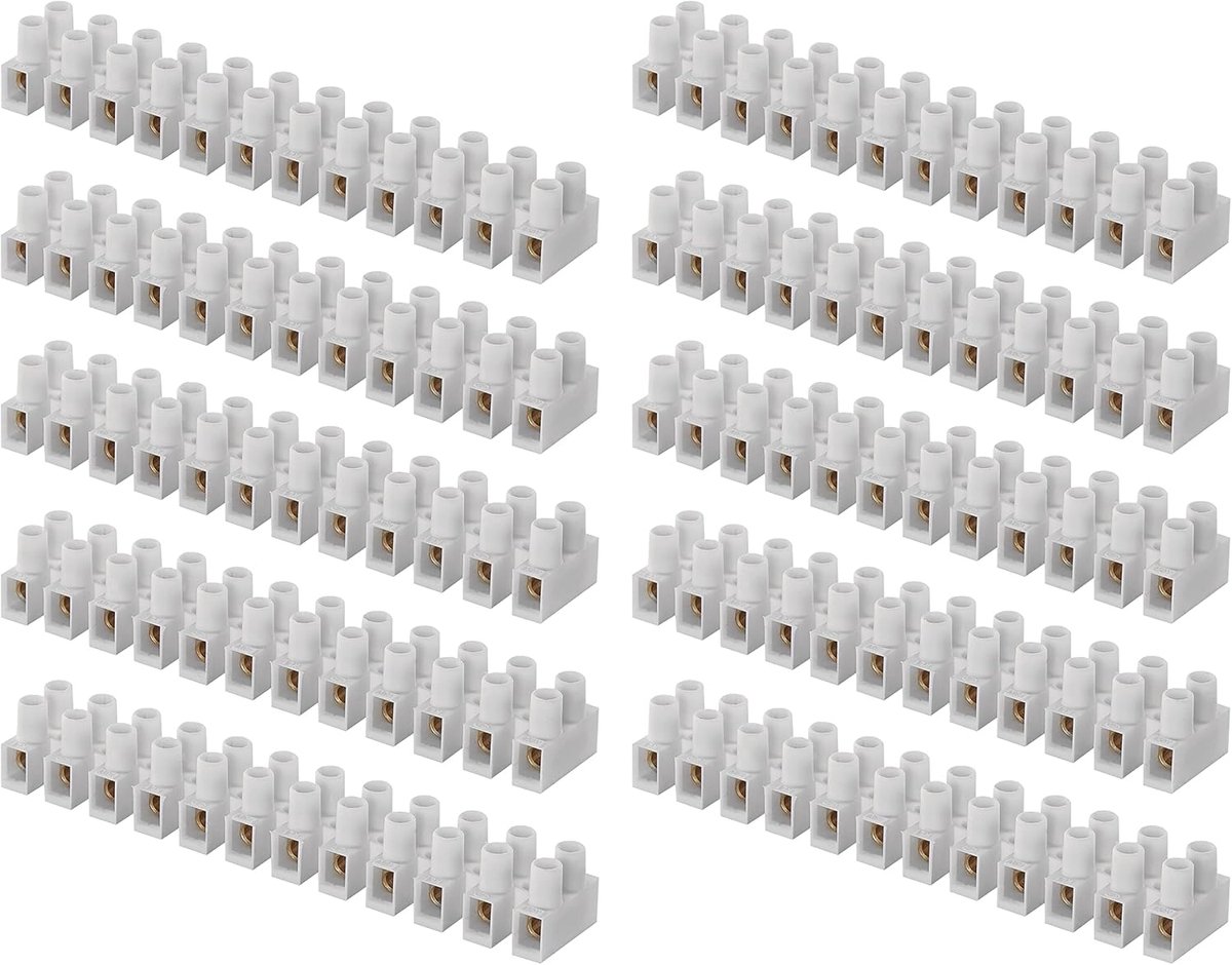 Set van 10 aansluitklemmen voor 1,5 mm² - 6 mm² draad, 10 x repen met 12 stuks, 450 V~/41 A, wit, kroonklem met schroefbevestiging, eenvoudig te scheiden, aan beide zijden vrij