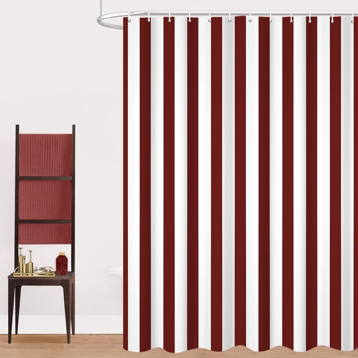 Omgoods - Douchegordijn 180 x 200 cm Donkerrood en Wit met Haak
