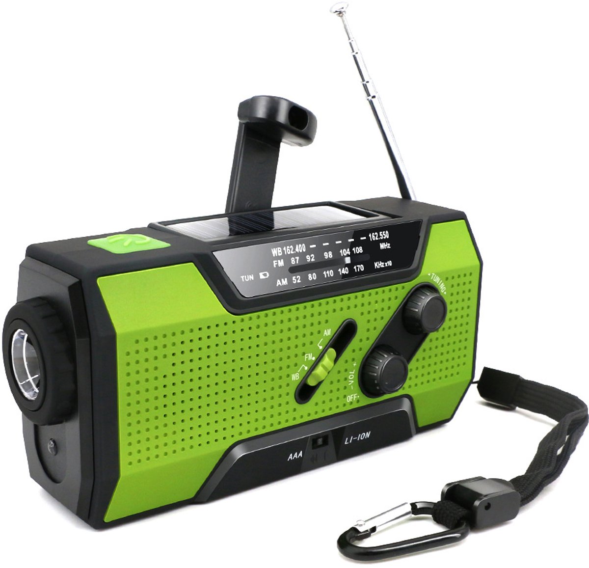 Denk Vooruit - Camp & Survive Multi Radio –NoodRadio - Solar & Hand-Crank Emergency Radio | AM/FM/WB + NOAA | LED Zaklamp, Leeslamp, SOS Alarm, Powerbank & AAA Backup - Groen