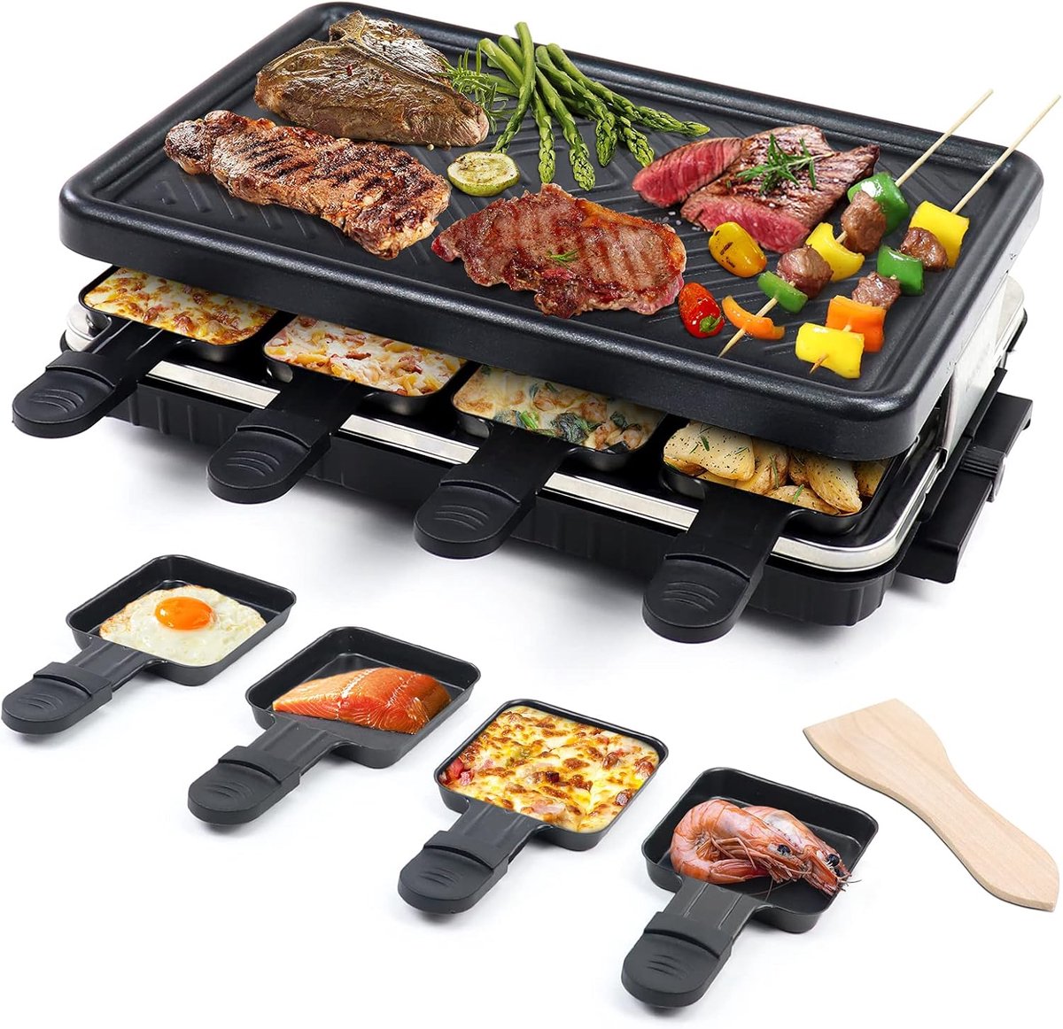Raclette Grill voor 8 personen met antiaanbaklaag, elektrische grillmachine met 8 mini raclettepannetjes en 4 houten spatels voor gebruik binnenshuis