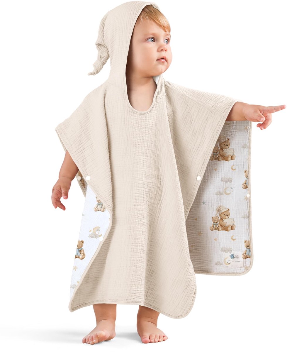 Omgoods - Badponcho voor Kinderen Met Capuchon - 100% Mousseline Katoen (Beige)