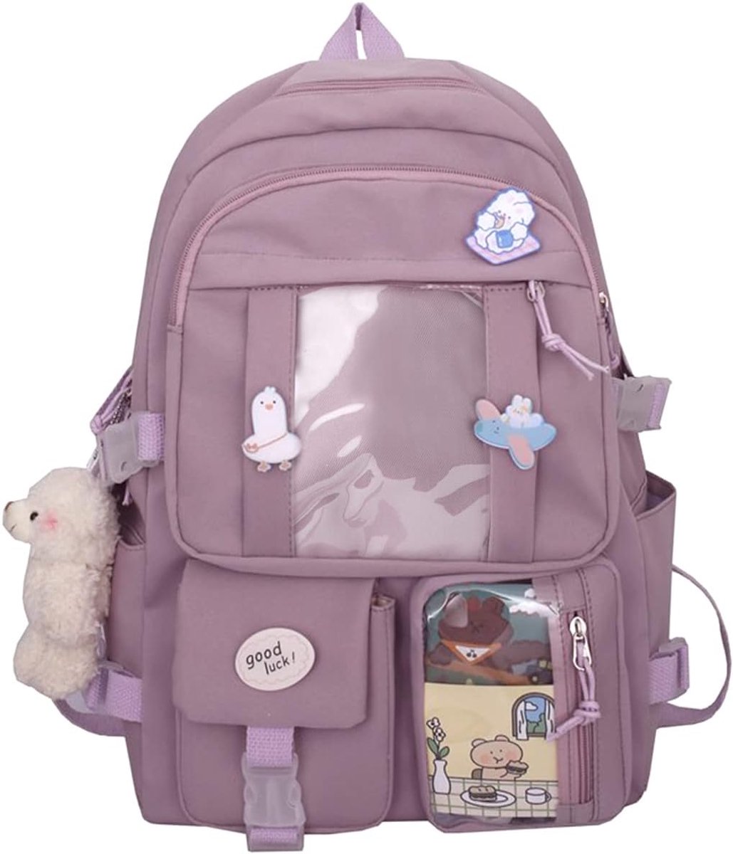 Kinderrugzakken met mooie hangers en pin accessoires nylon schooltas grote capaciteit rugzak rugzak rugzak voor tienermeisjes, Paars, 30 x 43 x 12 cm, Rugzak