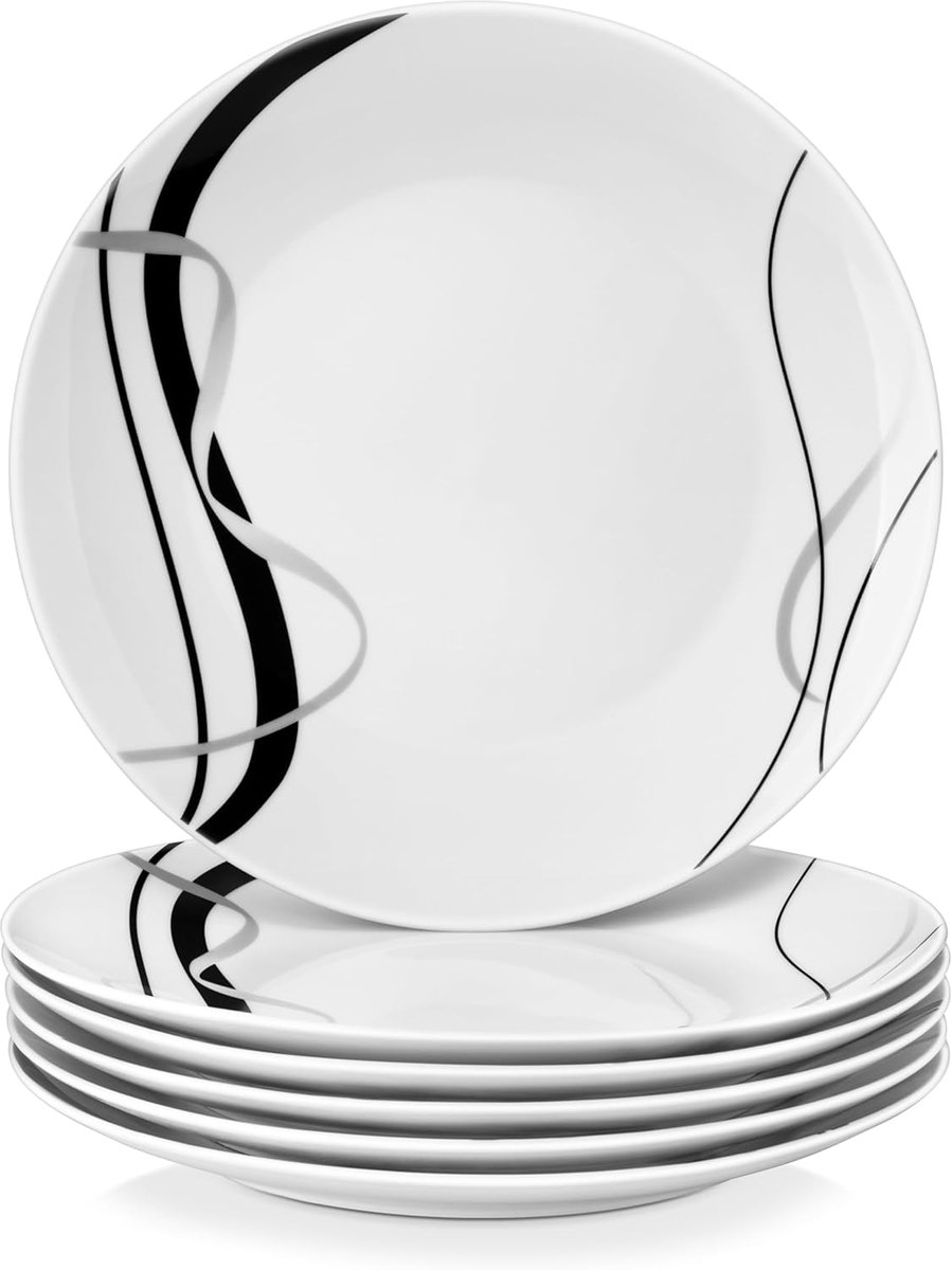 Fiona Set van 6 platte borden, porseleinen borden, 27,4 x 3 cm, ronde borden voor 6 personen, moderne pastaborden met zwarte en zilveren lijnen, magnetron- en vaatwasmachinebestendig