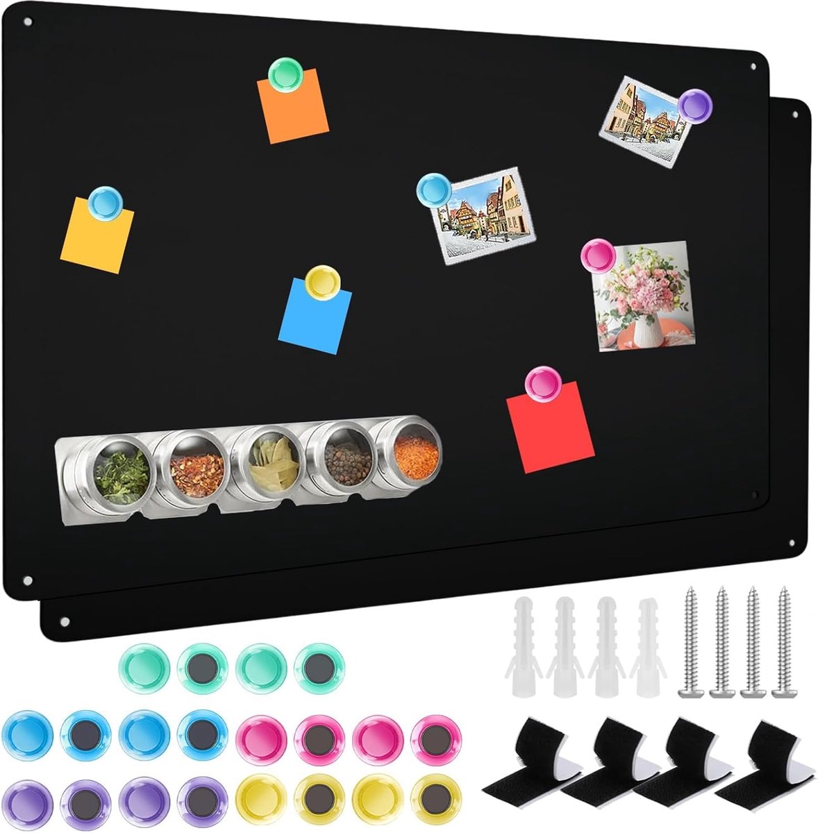 magneetbord, magneetbord, kleine magneetwand, metalen bord met 20 magneetknoppen, magnetisch prikbord (zwart, 2 stuks)