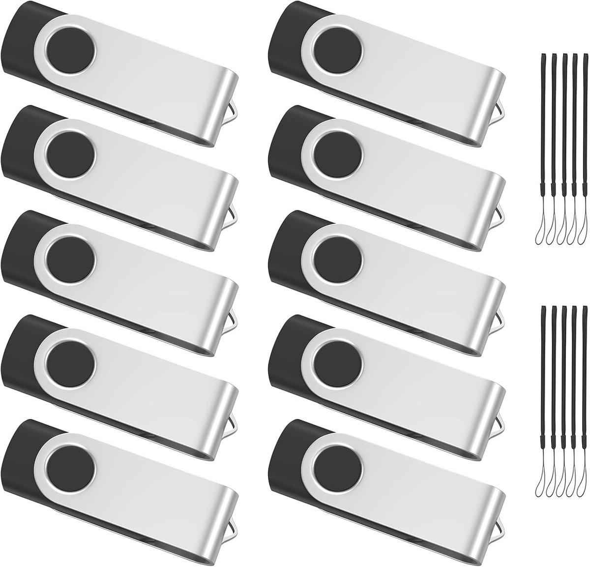 USB-stick 16GB 10 Stuks Zwart Memory Stick | 16 GB USB 2.0-flashdrives Swivel geheugensticks Portable Data Storage met 10 lanyards