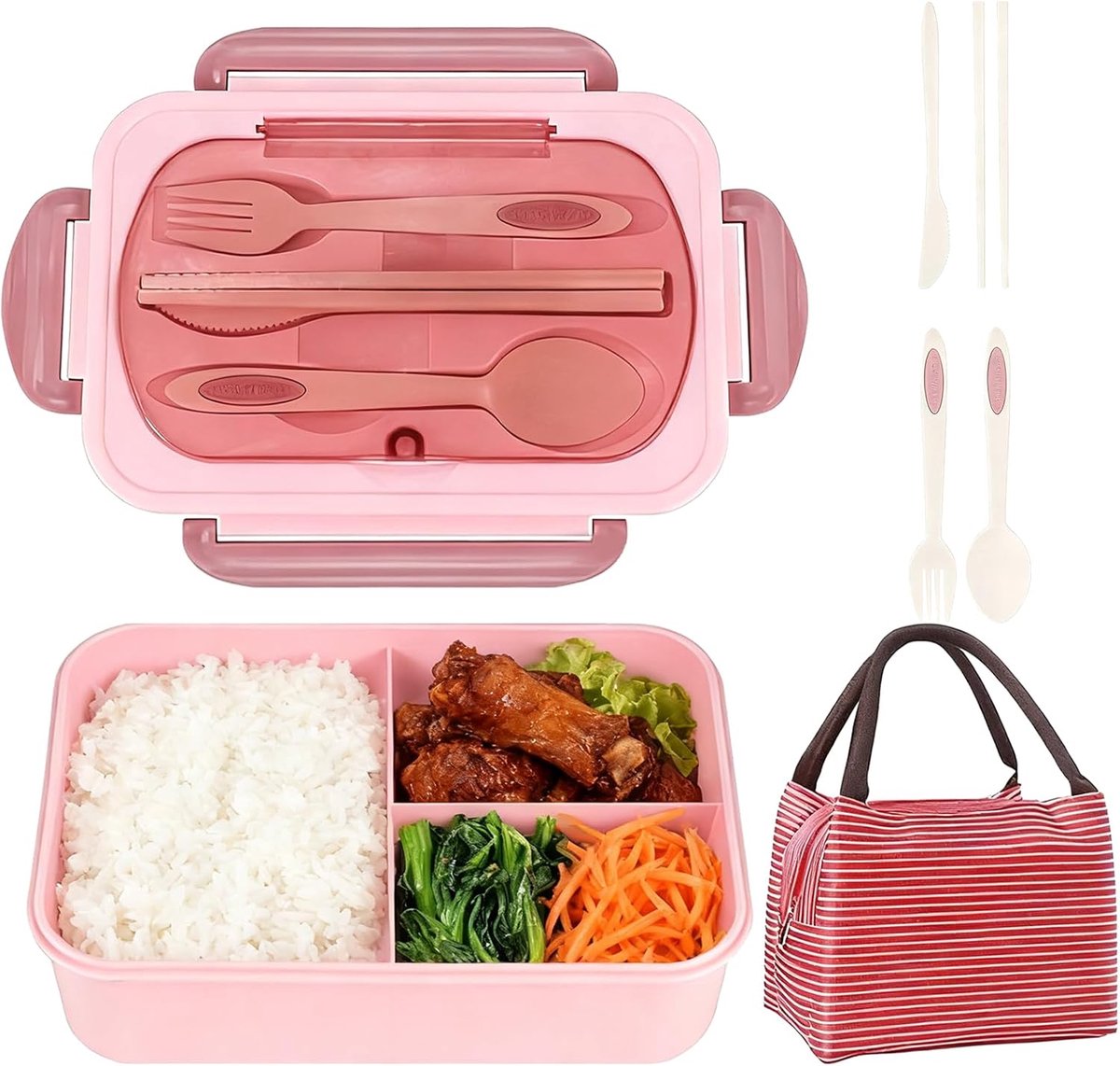 Lunchbox met vakken, Bento Box met lunchtas, broodbox, brooddoos, ontbijtbox, snackbox (roze, 1250 ml)