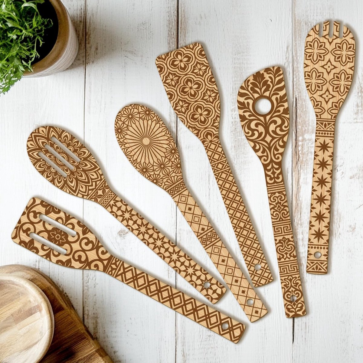 Omgoods - Houten Lepels Set met Eenvoudige Patronen - 30 cm x 6 cm