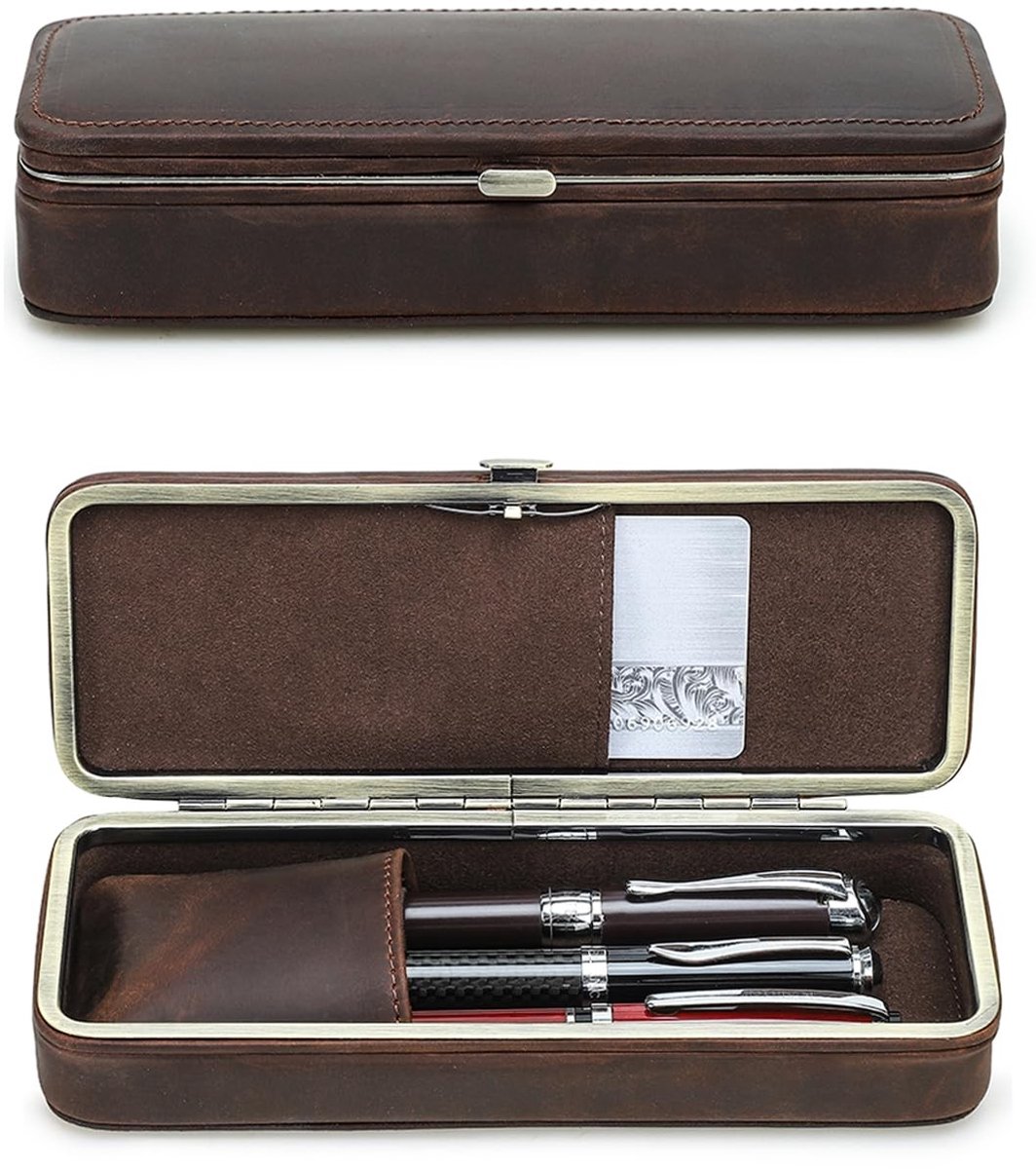 Omgoods - Lederen Etui met 3 Vulpennen - Vintage Pennendoos, Koffiebruin