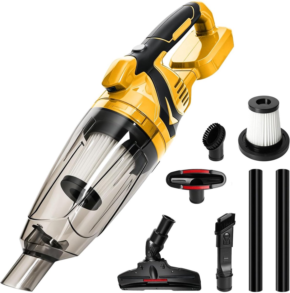 handstofzuiger, compatibel met Dewalt 18 V 20 V accu's, 10.000 Pa zuigvermogen, 750 ml stofreservoir, 4 sproeiers en ledlicht voor de droge reiniging van auto en huishouden (zonder accu)