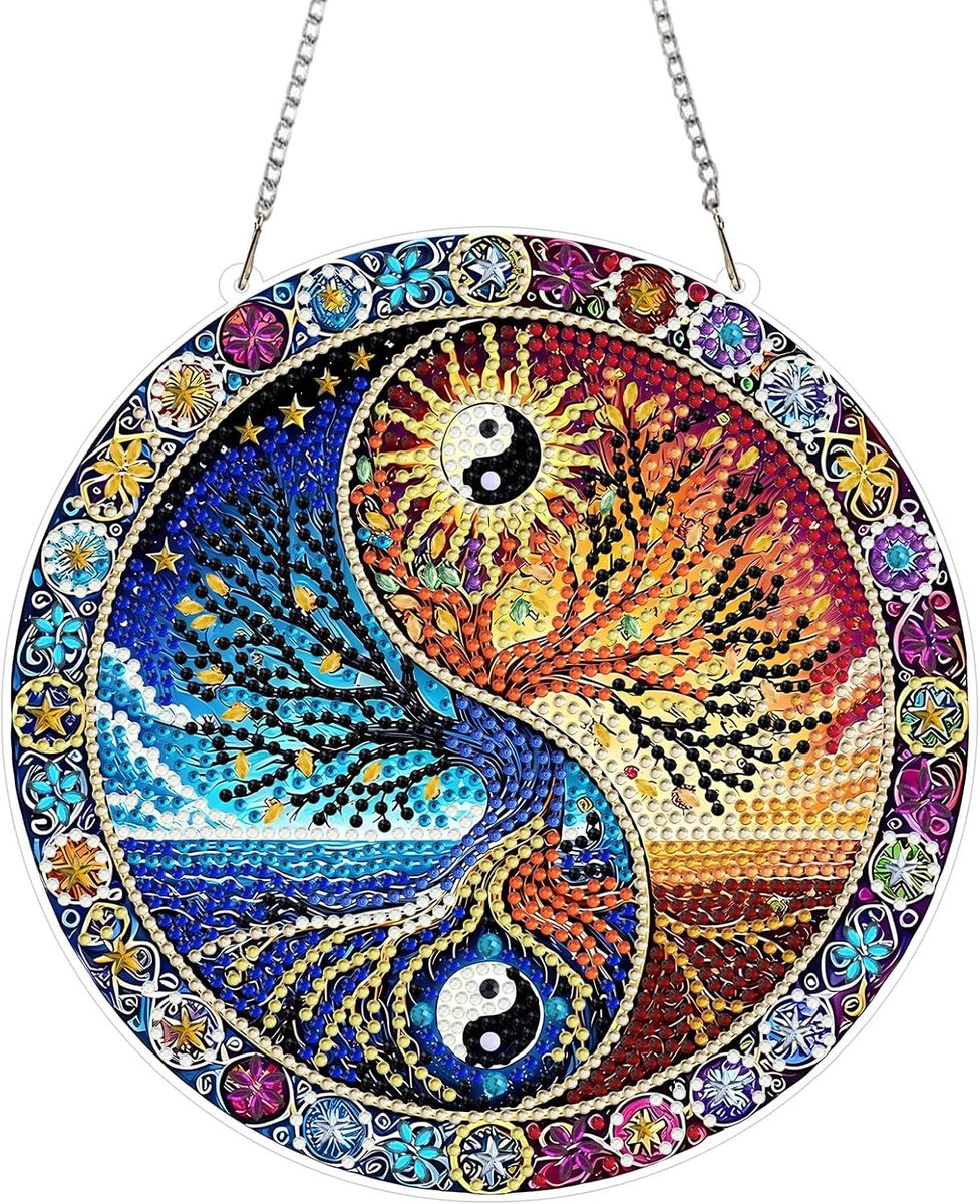 5D Levensboom Diamant Schilderij Hangornament, Landschap Kristal Strass Acryl Edelsteen Decoratie voor Raam Muur Tuin Huis