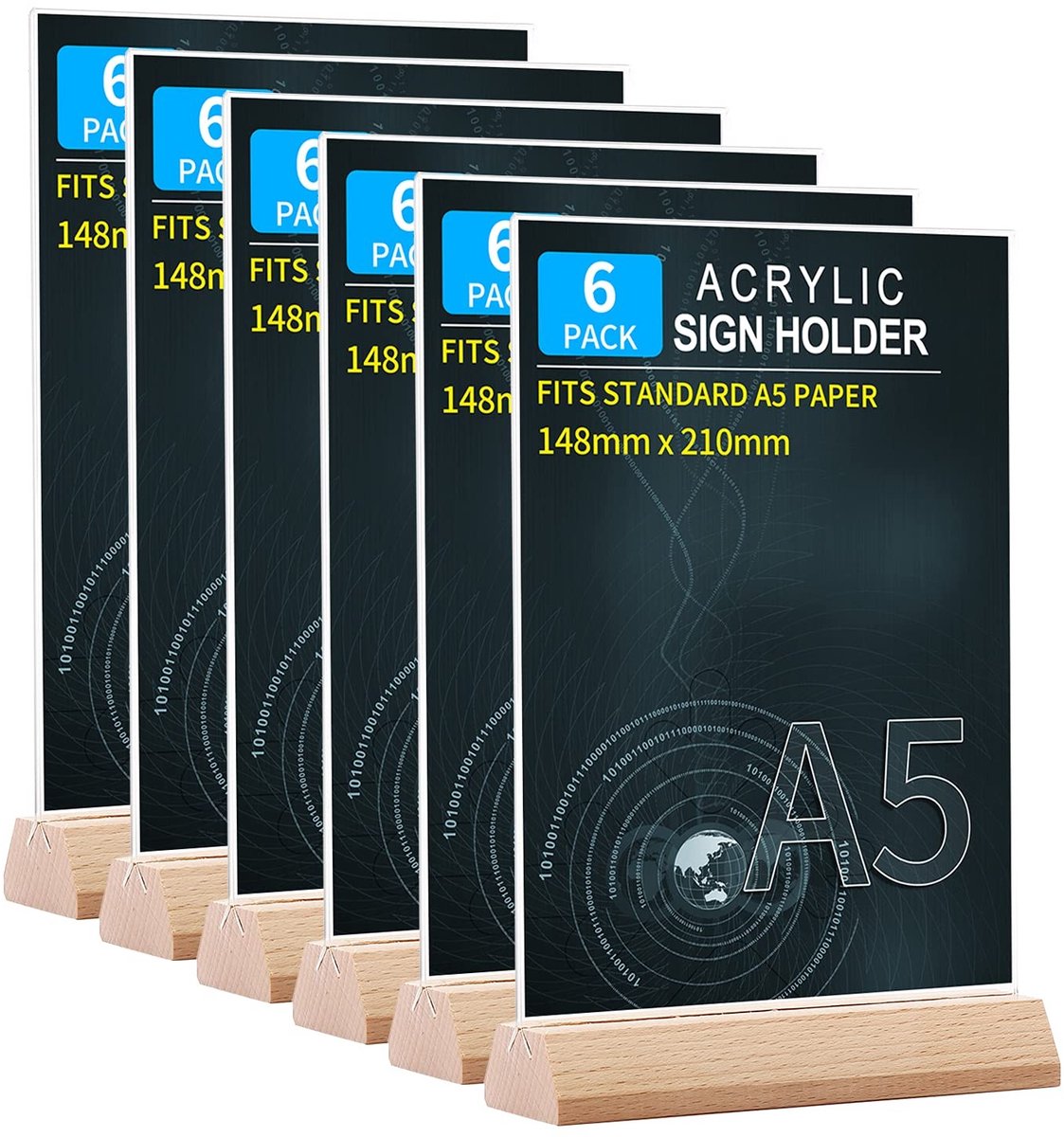 Omgoods - A5 Menuhouders voor Tafel - 6 Stuks, Acryl en Houten Basis