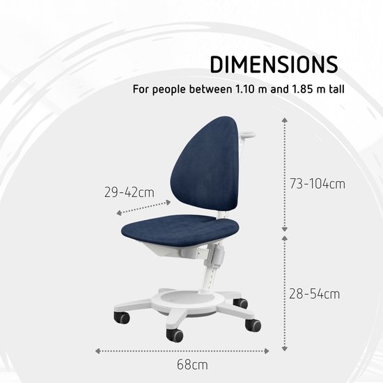 Blauwe kinderbureaustoel met witte basis. Afmetingen zitting 29-42cm, hoogte 73-104cm, breedte 68cm. Geschikt voor 110-185cm.