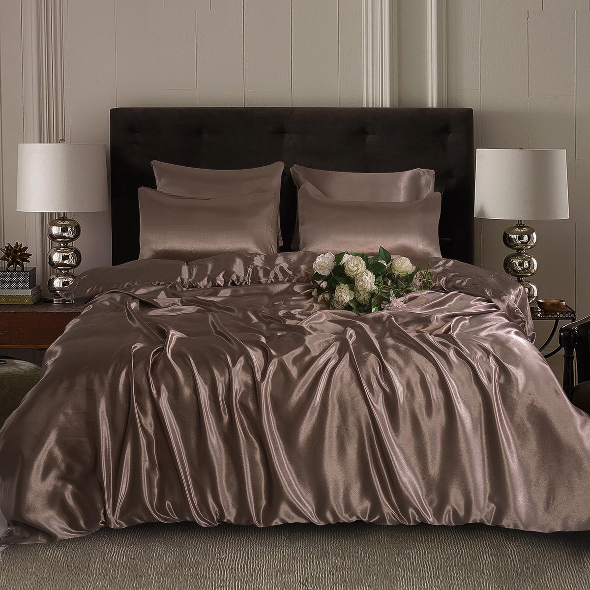 Omgoods - Satin Silk Complete Bedding Set - 6-delig - Fitted Sheet, Duvet Cover, 4 Kussenslopen - Mink - Super King
