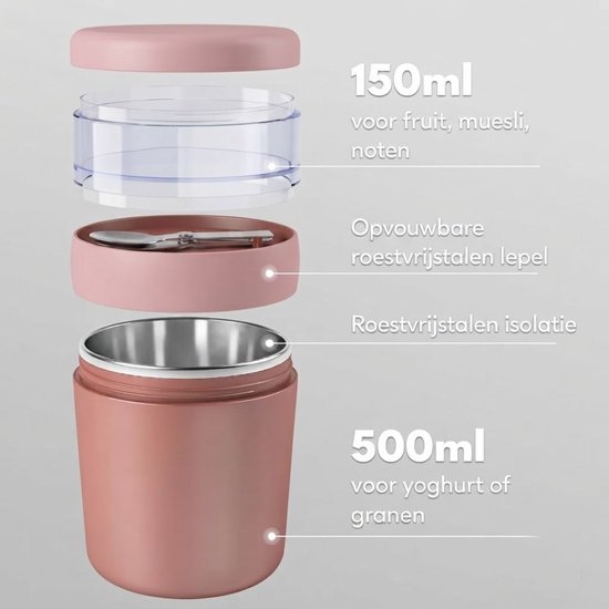 JCP® Yoghurt Beker To Go - Yoghurt Beker To Go met Lepel - Yoghurt en Muesli Beker To Go - Roze - 10cm x 10cm x 16cm — afbeelding 4