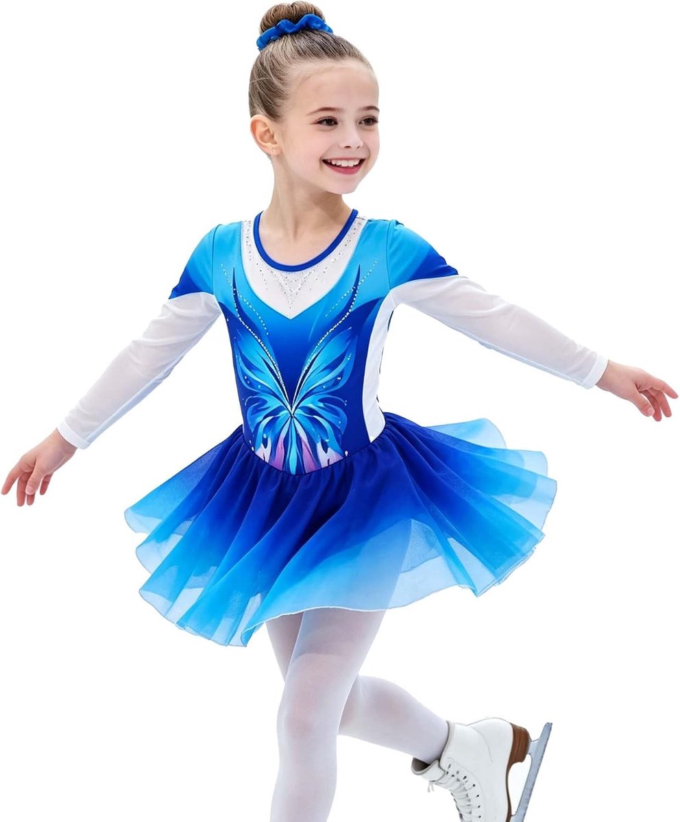Balletjurk voor meisjes, lange mouwen, met geïntegreerde rok van chiffon, glinsterende strassteentjes, leotard-ballet, kostuum voor dans, gymnastiek en kunstschaatsen