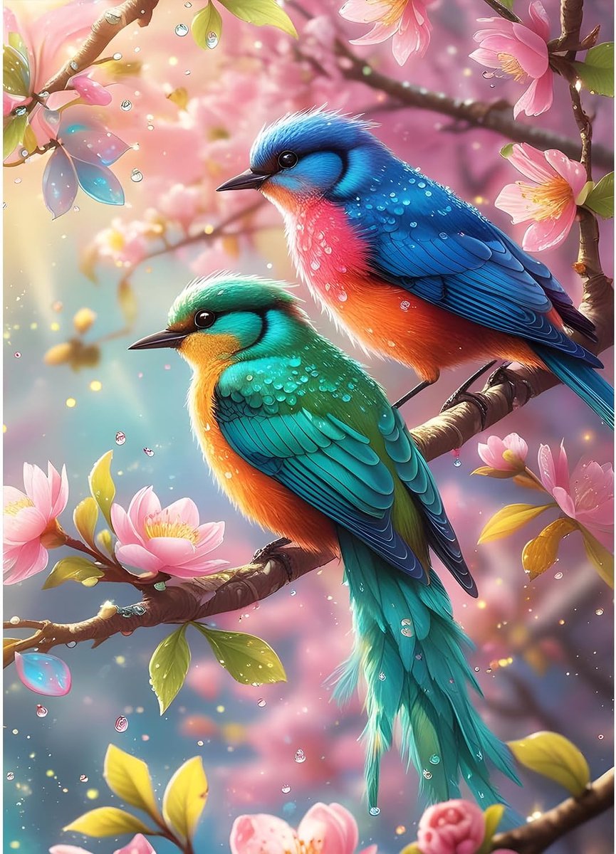 5D Diamond Painting Kit met roze bloemen, voor volwassenen, beginners, vogelpaar, diamantkunst, complete doe-het-zelf, dromerige diamantborduurset, perfect voor ontspanning en decoratie, 30 x