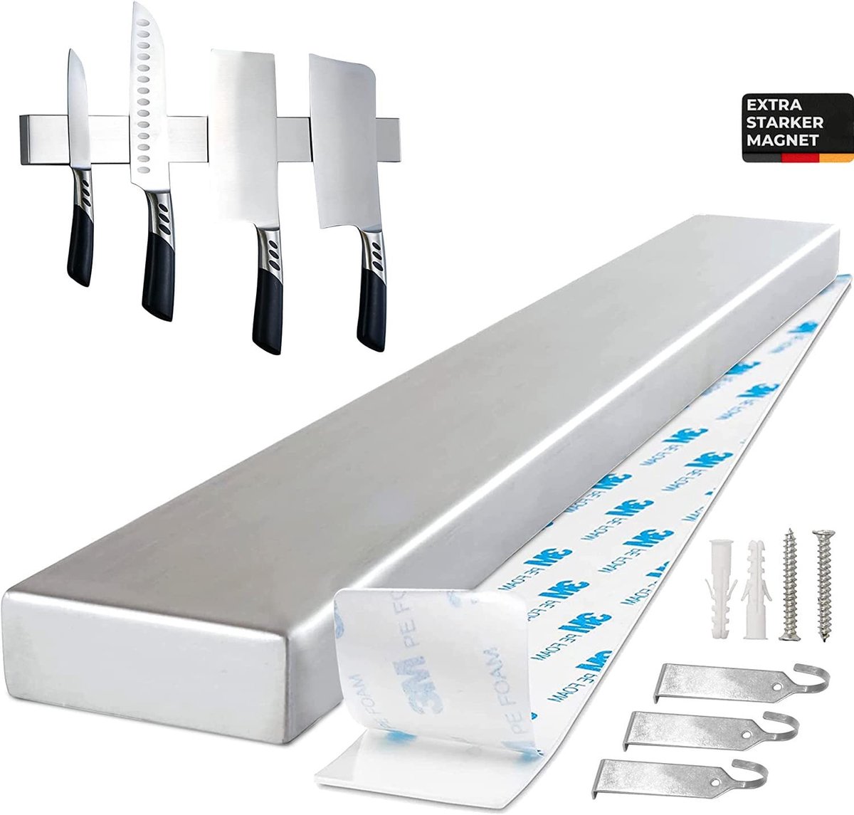 Omgoods - Magnetische Messenrek, 40 cm met 3 Haakjes