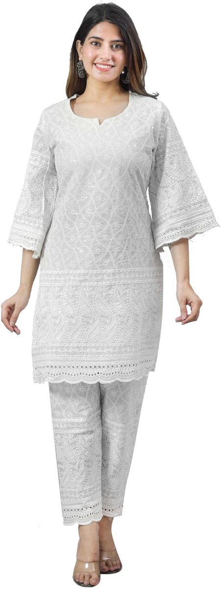 Omgoods - Chikankari Katoenen Kurtis voor Vrouwen - Zomer Jurk met Broekset