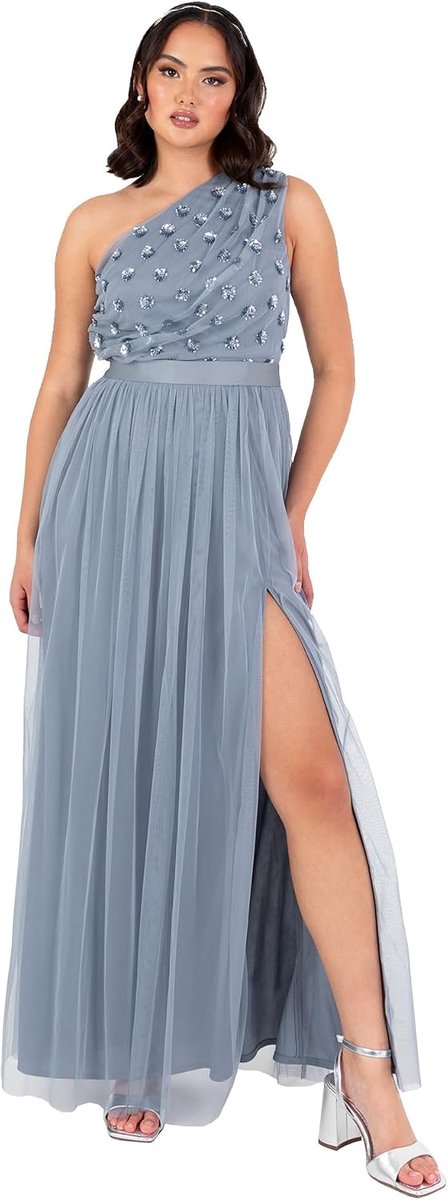 Deluxe Dames maxi-jurk voor dames, één schouder mouwloos bloemen pailletten versierde sash riem tule A-lijn Split Bridesmeiid, poederblauw, maat 50, Blauw (Dusty Blue), 48