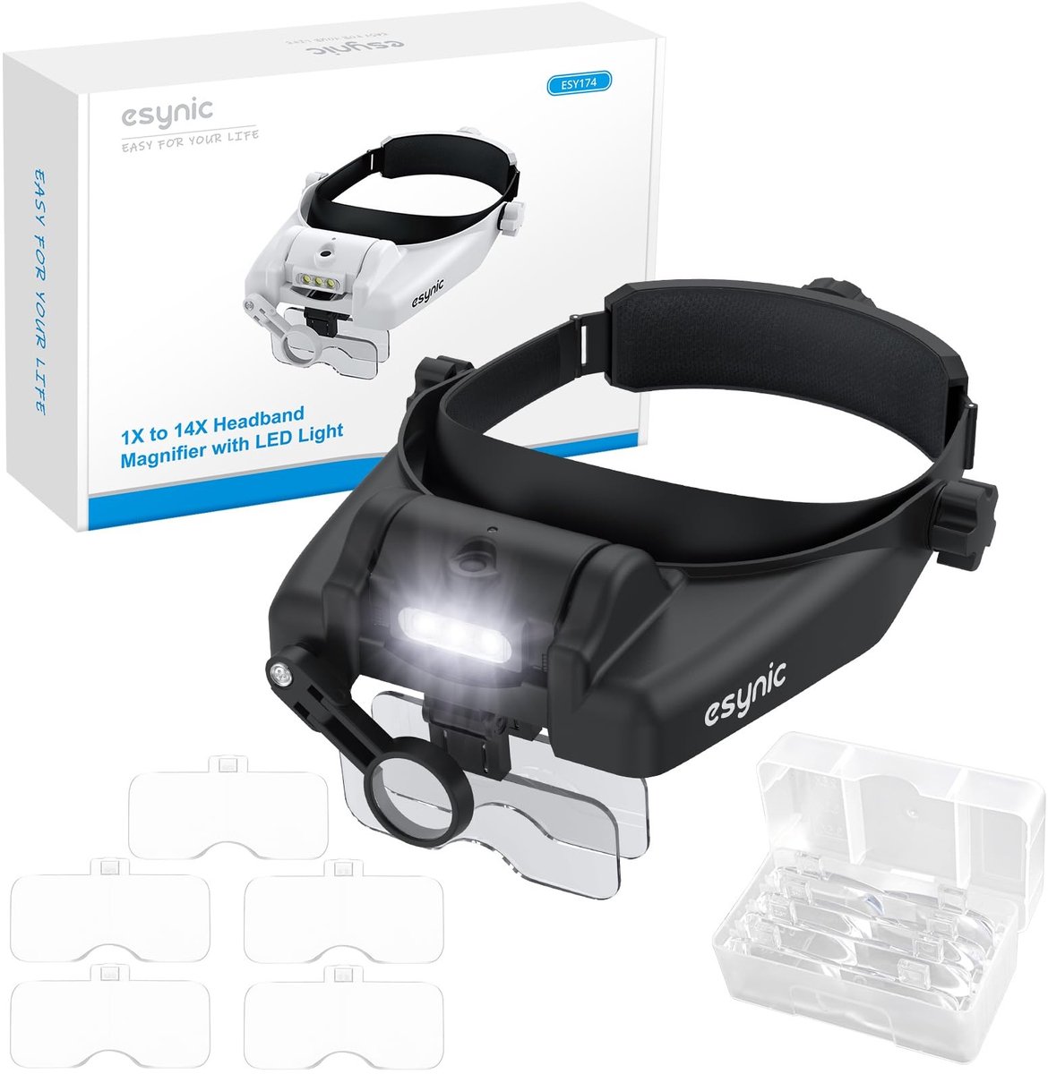 Omgoods - Vergrootglas met LED-verlichting en 5 verwisselbare lenzen - Zwart