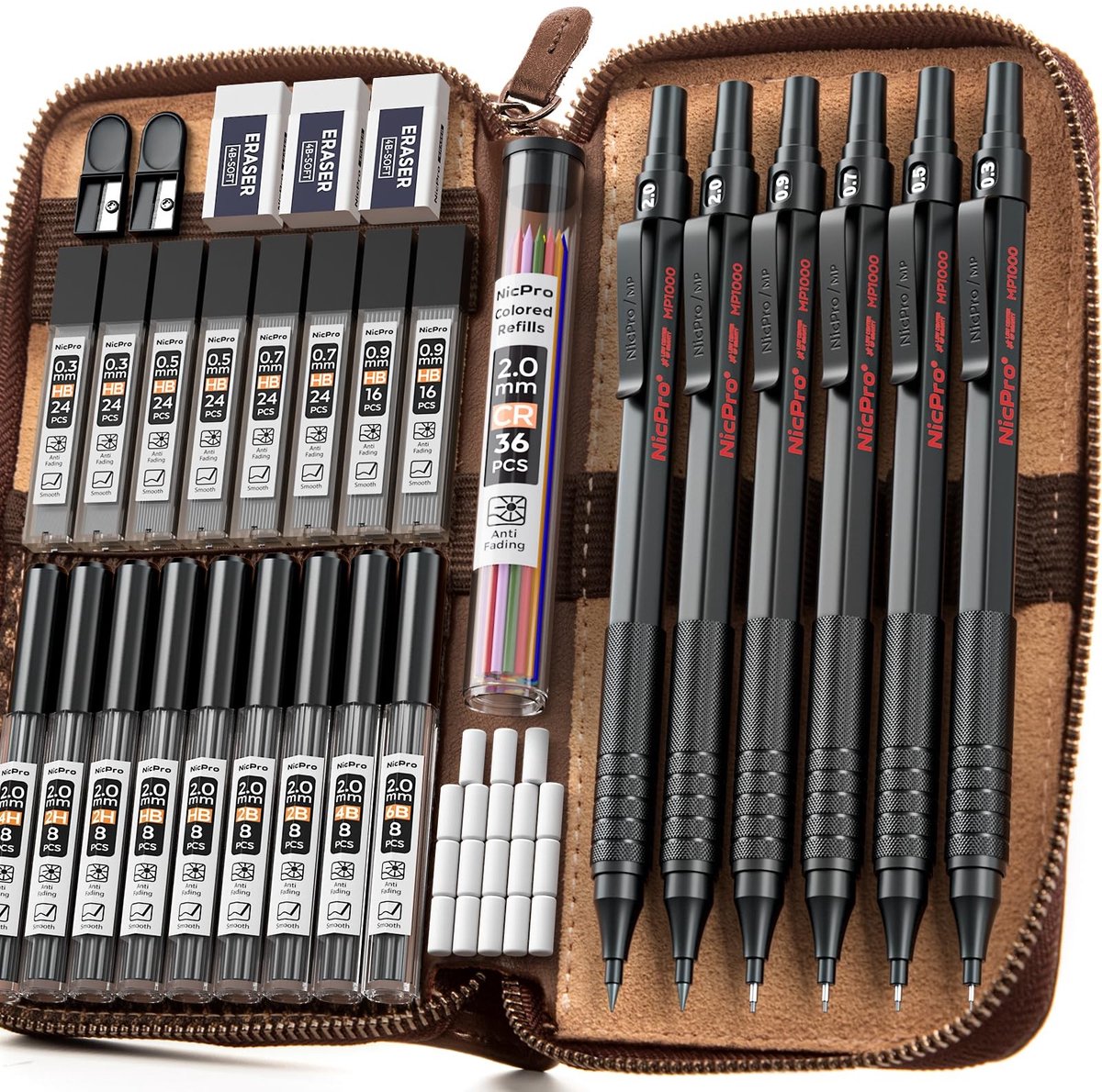 Omgoods - 33-delig Zwart Metaal Mechanisch Potlood Set in Leren Tas - Perfect voor Schetsen en Tekeningen