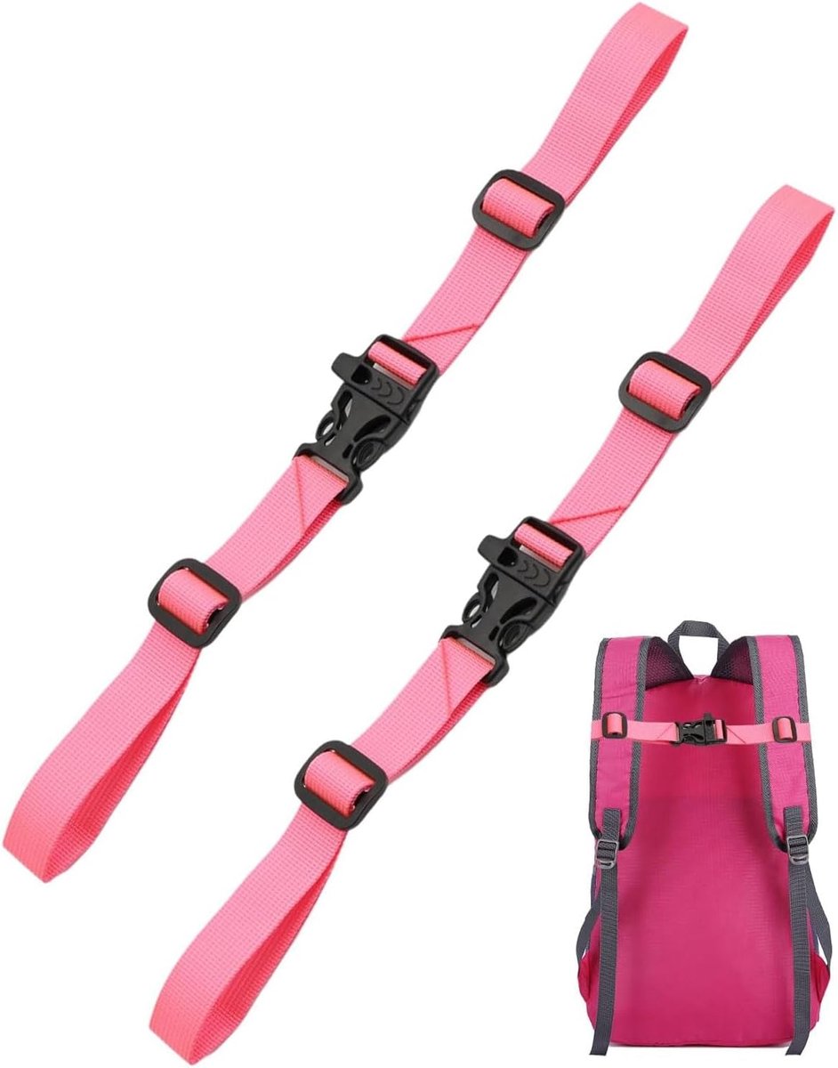 2 stuks verstelbare borstriem, rugzakriemen met gesp en fluit, antislip, duurzame rugzakriem voor volwassenen en kinderen, schoolrugzak, outdoor, reizen (roze)